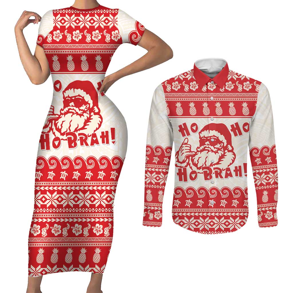 Red Mele Kalikimaka Hawaii Couples Matching Short Sleeve Bodycon Dress and Long Sleeve Button Shirt Funny Ho Ho Ho Santa Shaka - Polynesian Pride