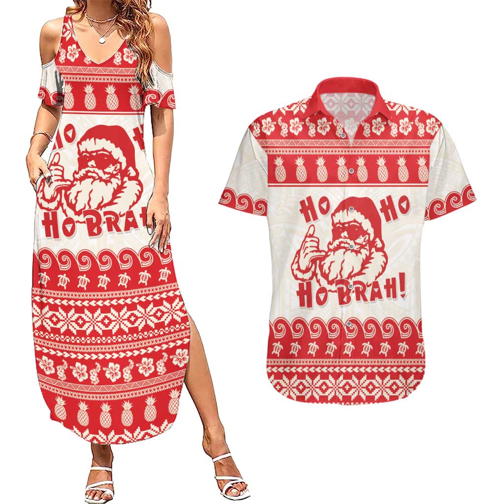 Red Mele Kalikimaka Hawaii Couples Matching Summer Maxi Dress and Hawaiian Shirt Funny Ho Ho Ho Santa Shaka LT14 Red - Polynesian Pride