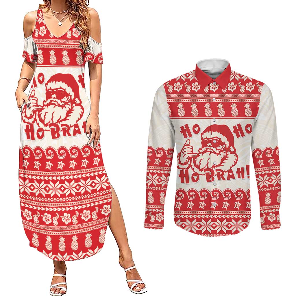 Red Mele Kalikimaka Hawaii Couples Matching Summer Maxi Dress and Long Sleeve Button Shirt Funny Ho Ho Ho Santa Shaka - Polynesian Pride