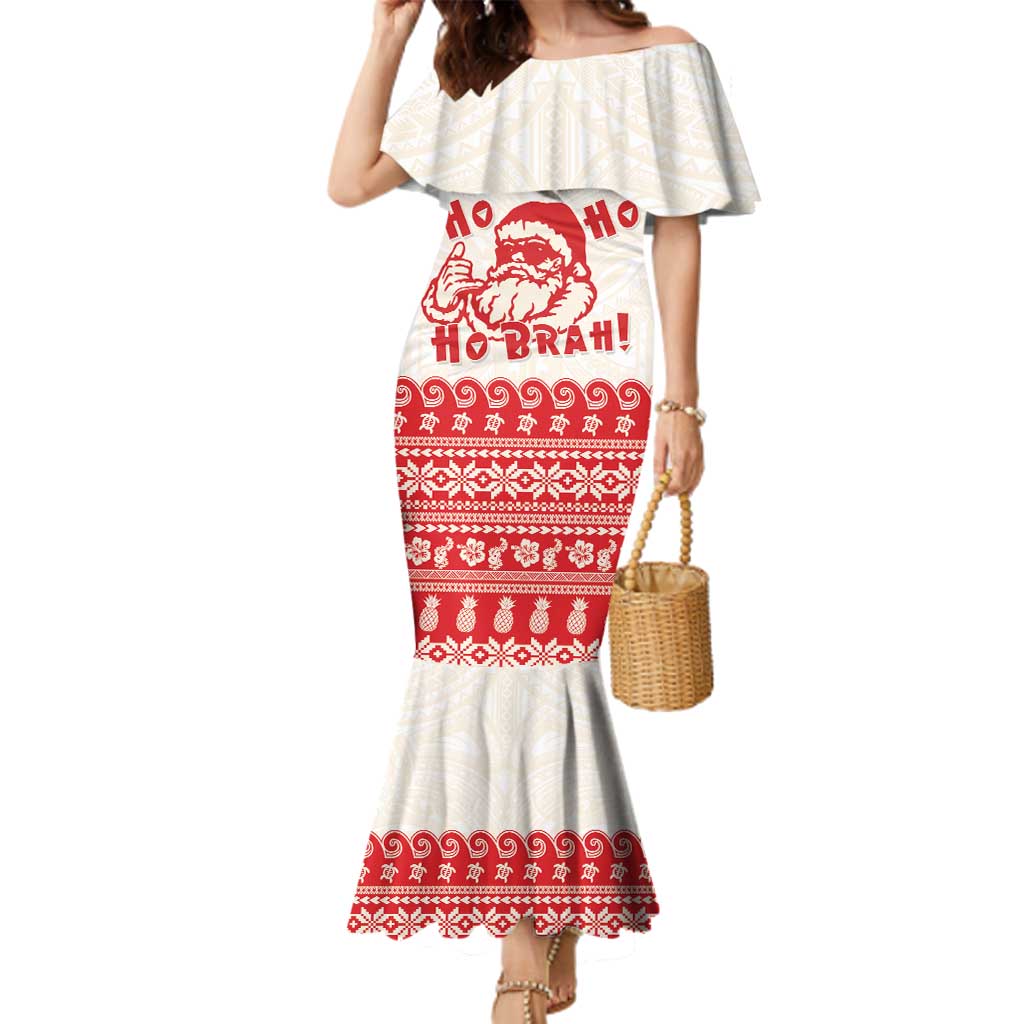 Red Mele Kalikimaka Hawaii Family Matching Mermaid Dress and Hawaiian Shirt Funny Ho Ho Ho Santa Shaka LT14 Mom's Dress Red - Polynesian Pride