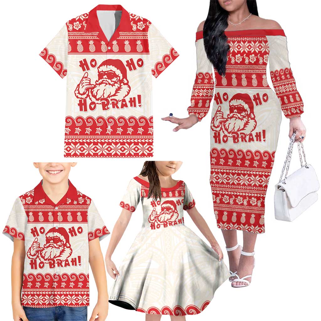 Red Mele Kalikimaka Hawaii Family Matching Off The Shoulder Long Sleeve Dress and Hawaiian Shirt Funny Ho Ho Ho Santa Shaka LT14 - Polynesian Pride