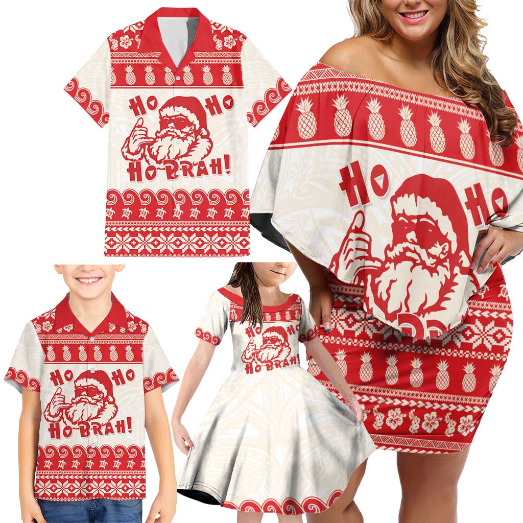 Red Mele Kalikimaka Hawaii Family Matching Off Shoulder Short Dress and Hawaiian Shirt Funny Ho Ho Ho Santa Shaka - Polynesian Pride