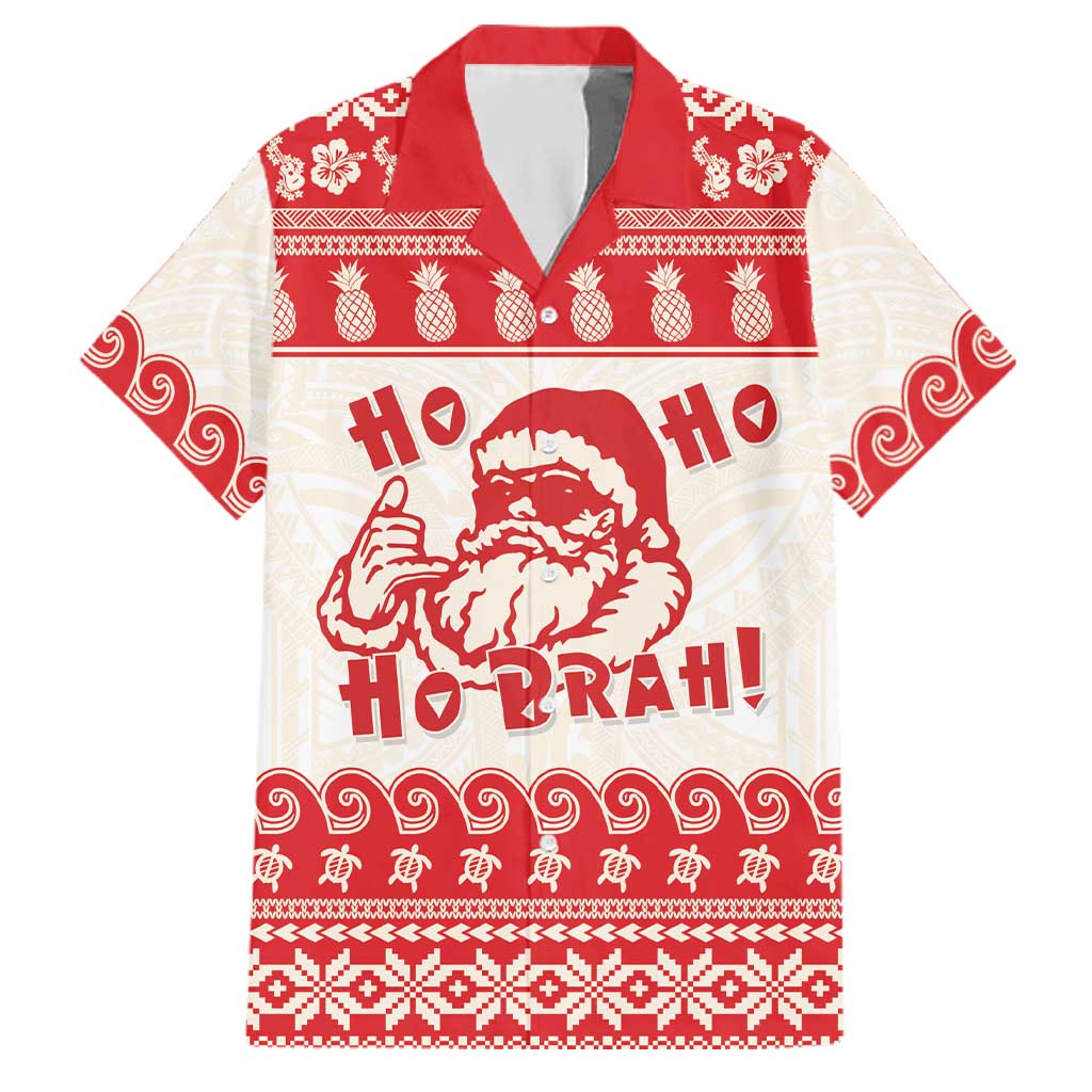 Red Mele Kalikimaka Hawaii Family Matching Off Shoulder Short Dress and Hawaiian Shirt Funny Ho Ho Ho Santa Shaka LT14 Dad's Shirt - Short Sleeve Red - Polynesian Pride
