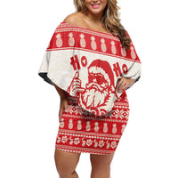 Red Mele Kalikimaka Hawaii Family Matching Off Shoulder Short Dress and Hawaiian Shirt Funny Ho Ho Ho Santa Shaka LT14 Mom's Dress Red - Polynesian Pride