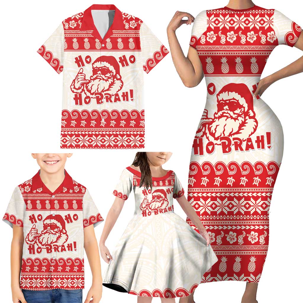 Red Mele Kalikimaka Hawaii Family Matching Short Sleeve Bodycon Dress and Hawaiian Shirt Funny Ho Ho Ho Santa Shaka LT14 - Polynesian Pride
