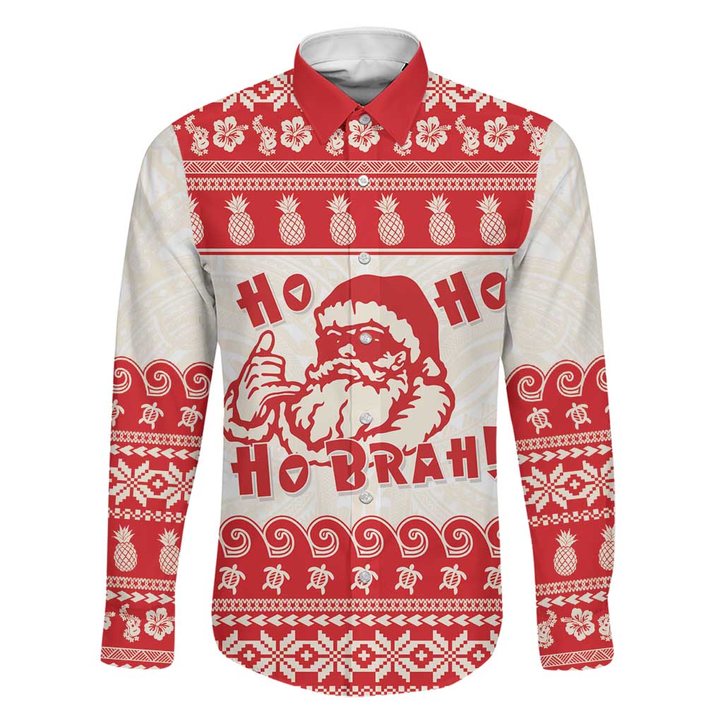 Red Mele Kalikimaka Hawaii Family Matching Summer Maxi Dress and Hawaiian Shirt Funny Ho Ho Ho Santa Shaka LT14 Dad's Shirt - Long Sleeve Red - Polynesian Pride