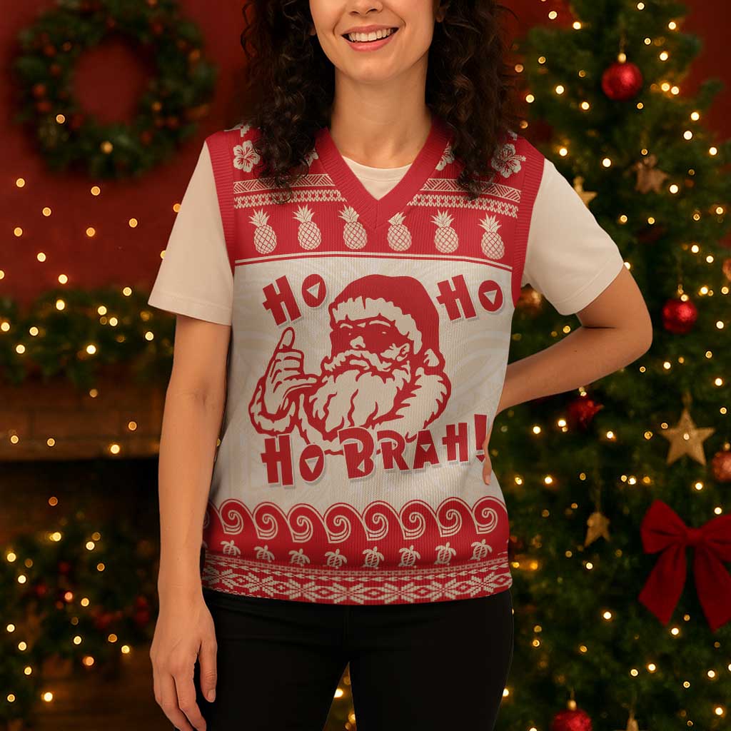 Red Mele Kalikimaka Hawaii Christmas Knitted V-Neck Vest Funny Ho Ho Ho Santa Shaka - Polynesian Pride