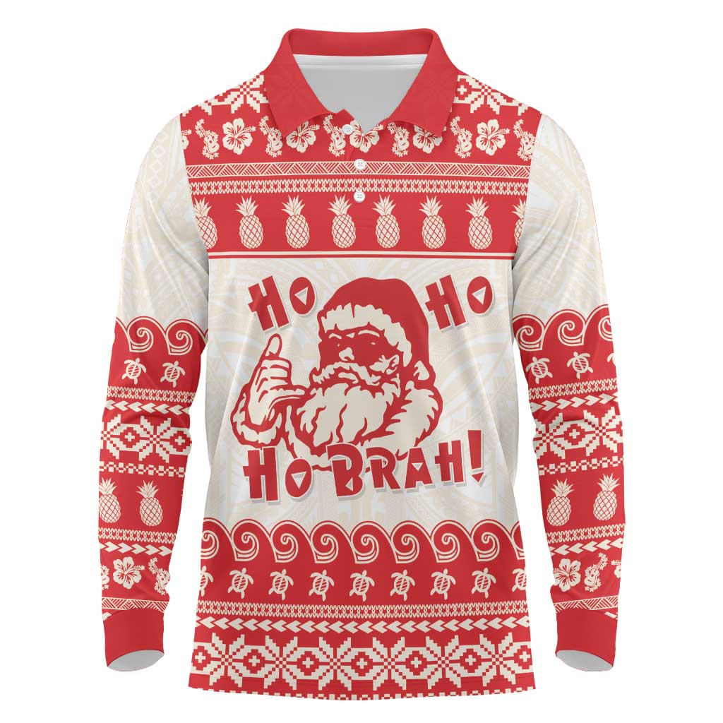 Red Mele Kalikimaka Hawaii Long Sleeve Polo Shirt Funny Ho Ho Ho Santa Shaka - Polynesian Pride