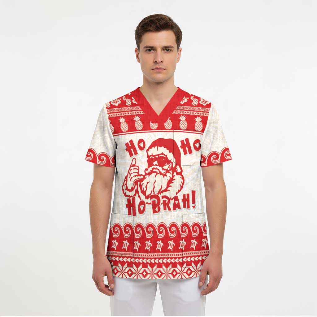 Red Mele Kalikimaka Hawaii Scrub Top Funny Ho Ho Ho Santa Shaka - Polynesian Pride
