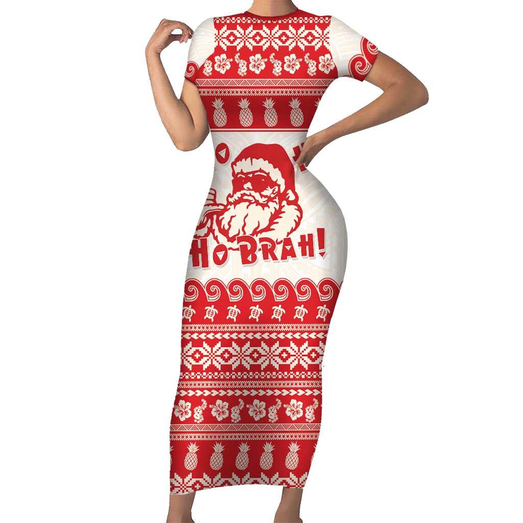 Red Mele Kalikimaka Hawaii Short Sleeve Bodycon Dress Funny Ho Ho Ho Santa Shaka - Polynesian Pride