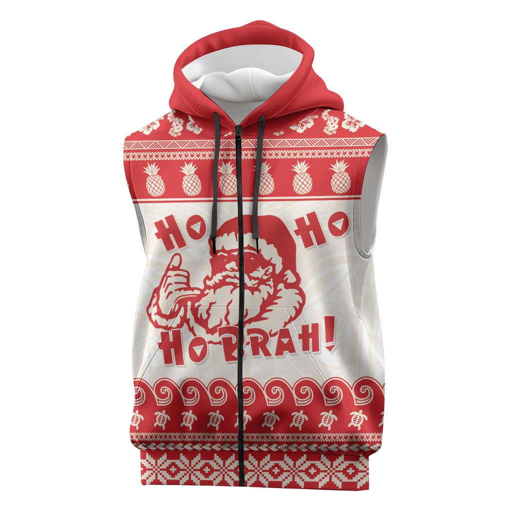 Red Mele Kalikimaka Hawaii Sleeveless Zip Hoodie Funny Ho Ho Ho Santa Shaka - Polynesian Pride