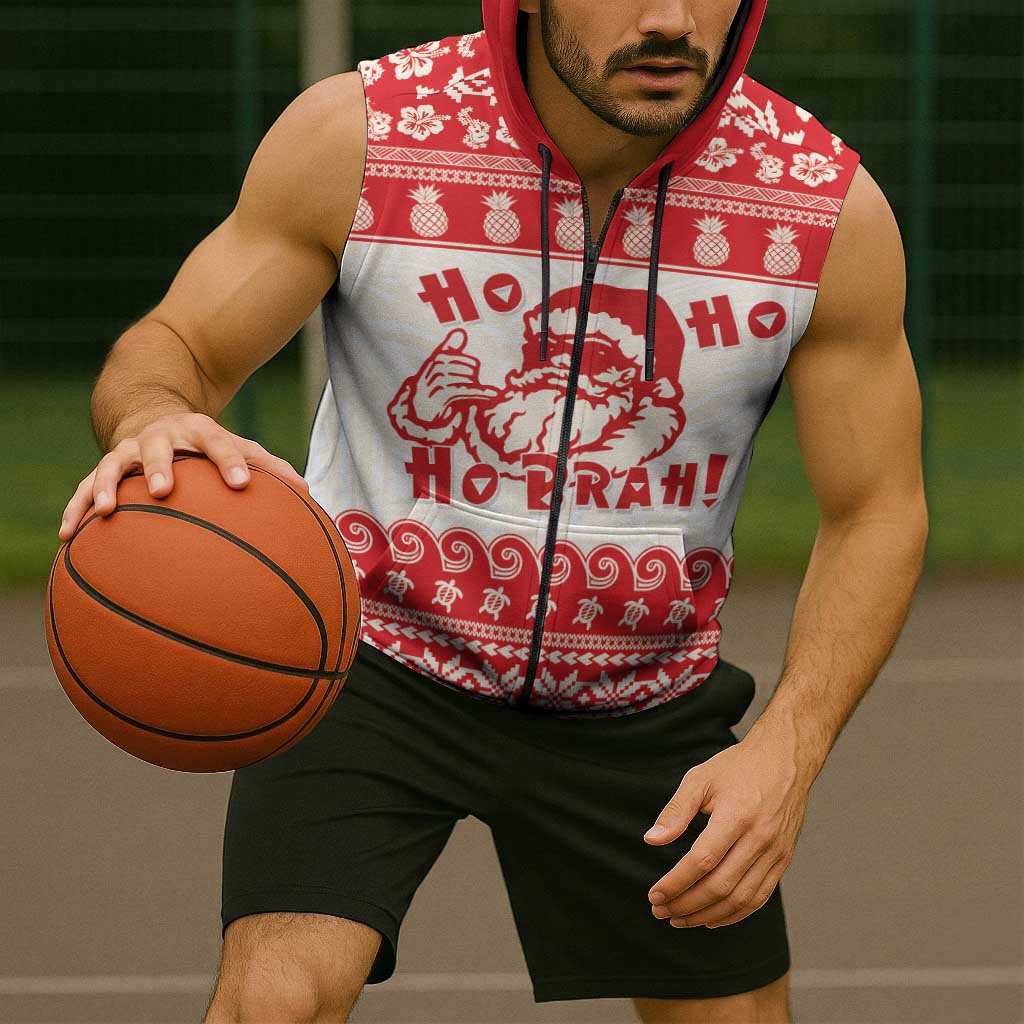 Red Mele Kalikimaka Hawaii Sleeveless Zip Hoodie Funny Ho Ho Ho Santa Shaka - Polynesian Pride