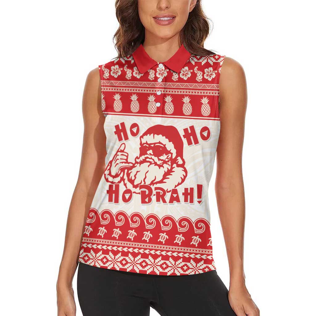 Red Mele Kalikimaka Hawaii Women Sleeveless Polo Shirt Funny Ho Ho Ho Santa Shaka - Polynesian Pride