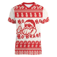 Red Mele Kalikimaka Hawaii Women V-Neck T-Shirt Funny Ho Ho Ho Santa Shaka - Polynesian Pride