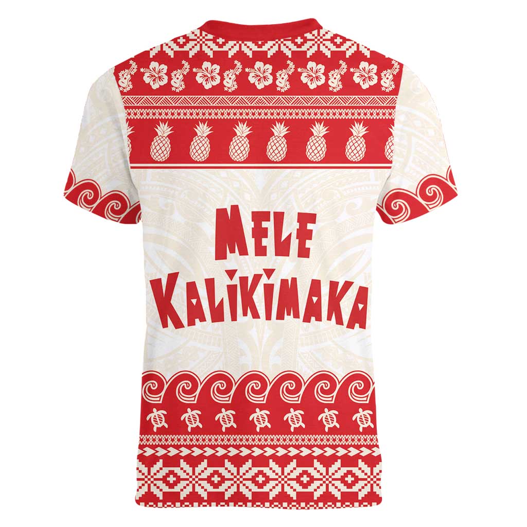 Red Mele Kalikimaka Hawaii Women V-Neck T-Shirt Funny Ho Ho Ho Santa Shaka - Polynesian Pride
