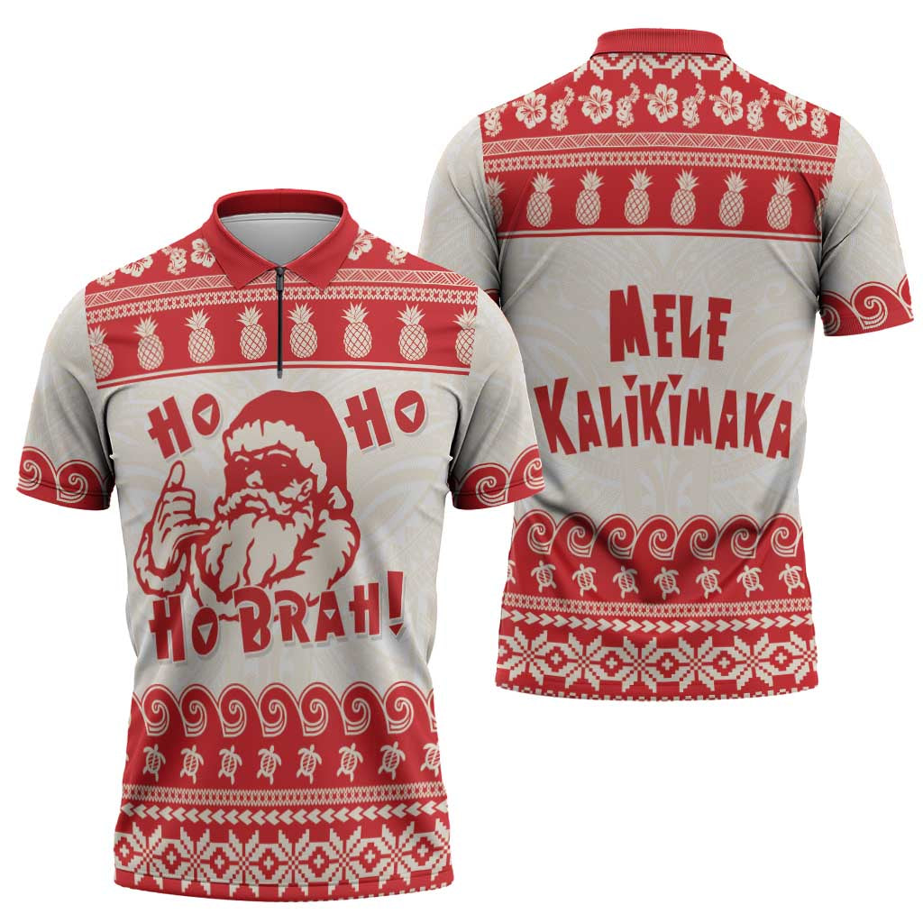 Red Mele Kalikimaka Hawaii Zipper Polo Shirt Funny Ho Ho Ho Santa Shaka - Polynesian Pride