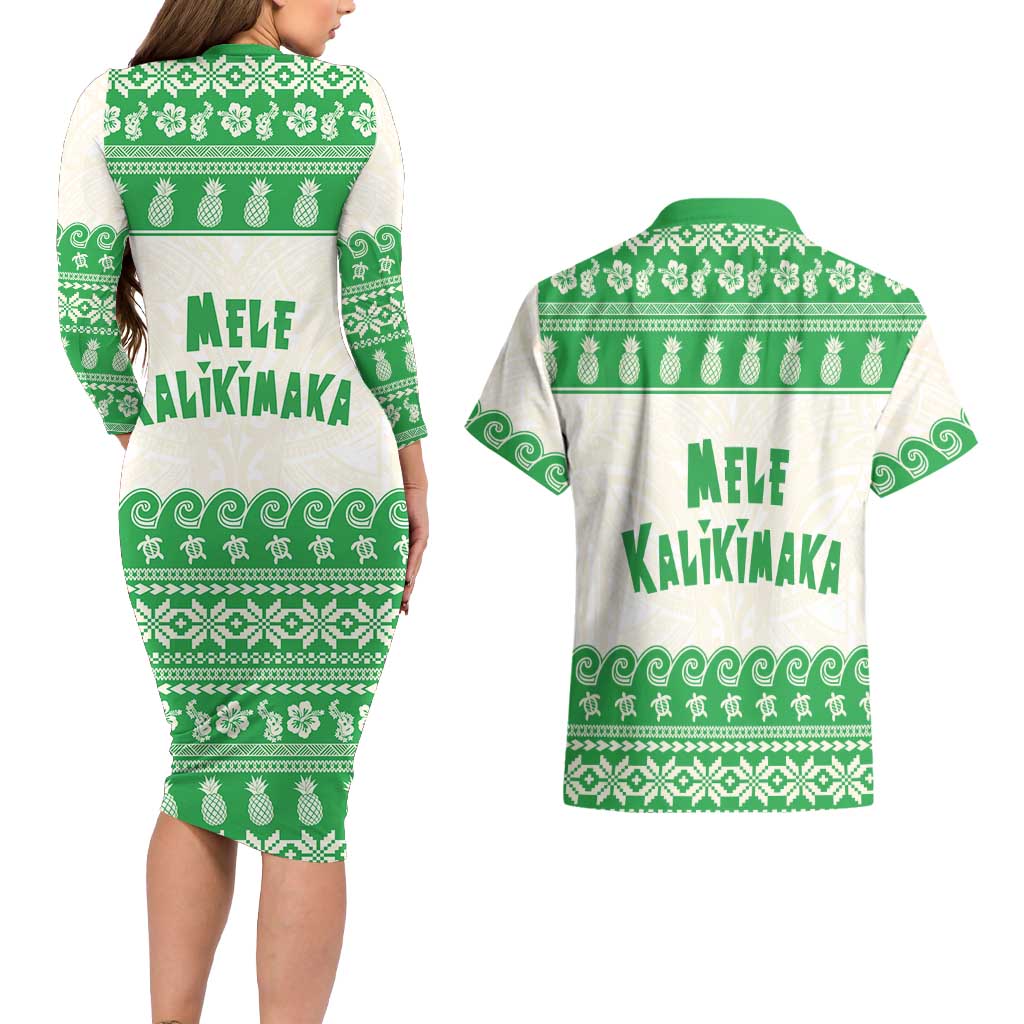 Green Mele Kalikimaka Hawaii Couples Matching Long Sleeve Bodycon Dress and Hawaiian Shirt Funny Ho Ho Ho Santa Shaka LT14 - Polynesian Pride