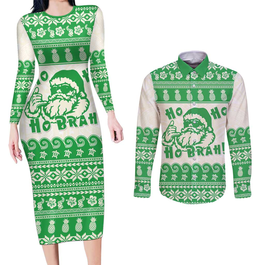 Green Mele Kalikimaka Hawaii Couples Matching Long Sleeve Bodycon Dress and Long Sleeve Button Shirt Funny Ho Ho Ho Santa Shaka LT14 Green - Polynesian Pride