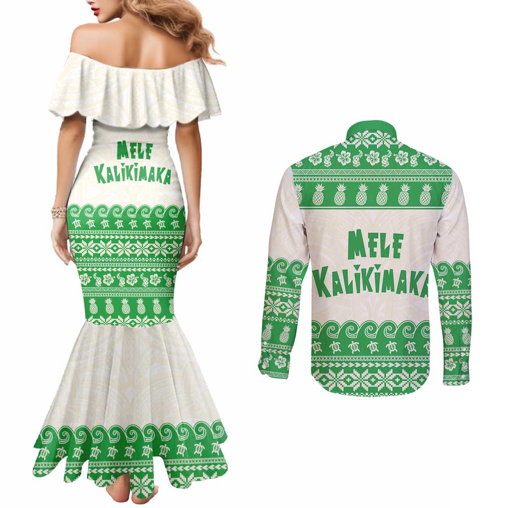 Green Mele Kalikimaka Hawaii Couples Matching Mermaid Dress and Long Sleeve Button Shirt Funny Ho Ho Ho Santa Shaka LT14 - Polynesian Pride
