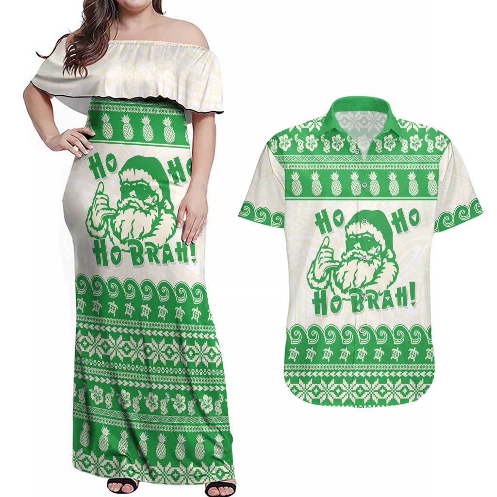 Green Mele Kalikimaka Hawaii Couples Matching Off Shoulder Maxi Dress and Hawaiian Shirt Funny Ho Ho Ho Santa Shaka - Polynesian Pride