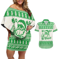 Green Mele Kalikimaka Hawaii Couples Matching Off Shoulder Short Dress and Hawaiian Shirt Funny Ho Ho Ho Santa Shaka LT14 Green - Polynesian Pride