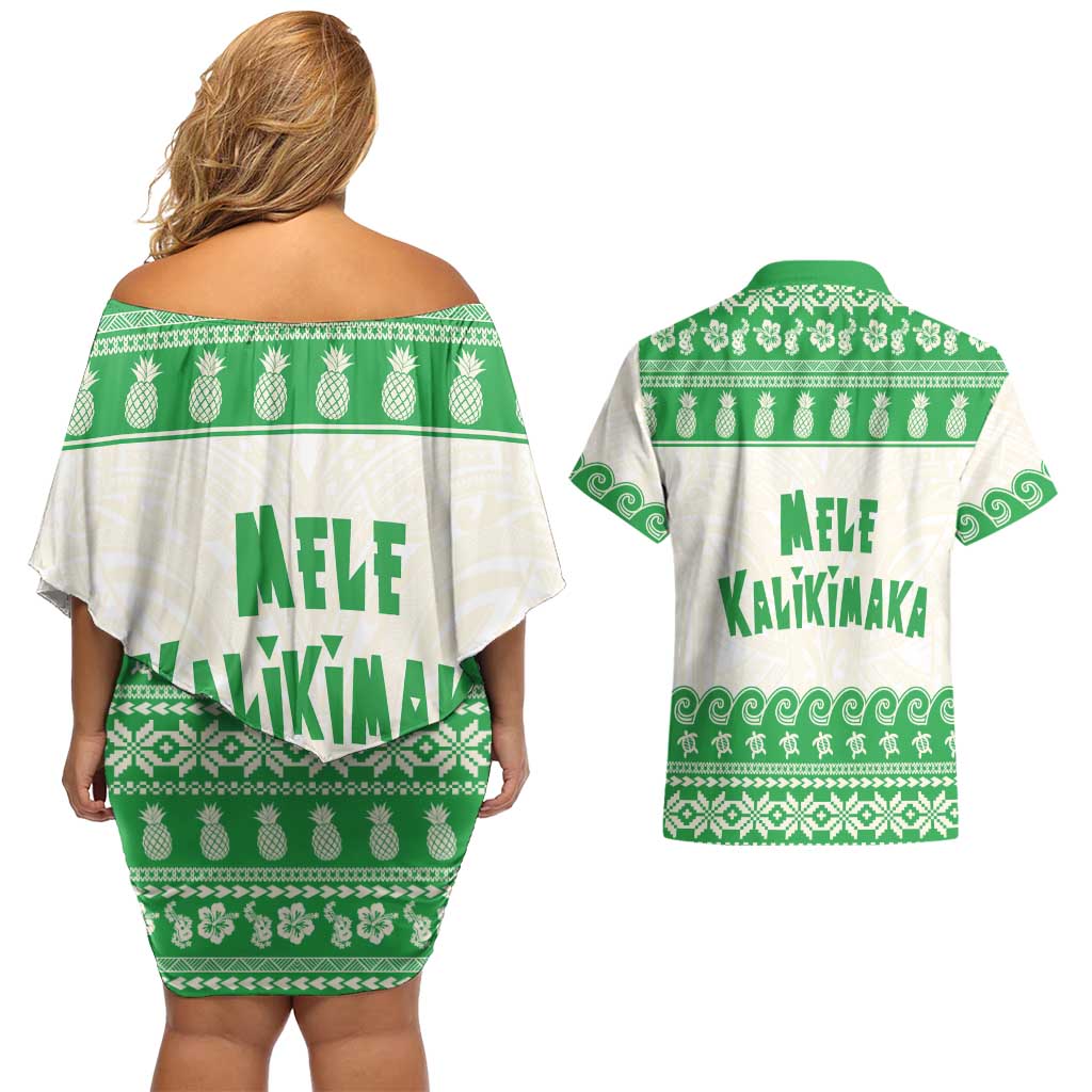 Green Mele Kalikimaka Hawaii Couples Matching Off Shoulder Short Dress and Hawaiian Shirt Funny Ho Ho Ho Santa Shaka LT14 - Polynesian Pride