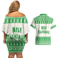 Green Mele Kalikimaka Hawaii Couples Matching Off Shoulder Short Dress and Hawaiian Shirt Funny Ho Ho Ho Santa Shaka LT14 - Polynesian Pride