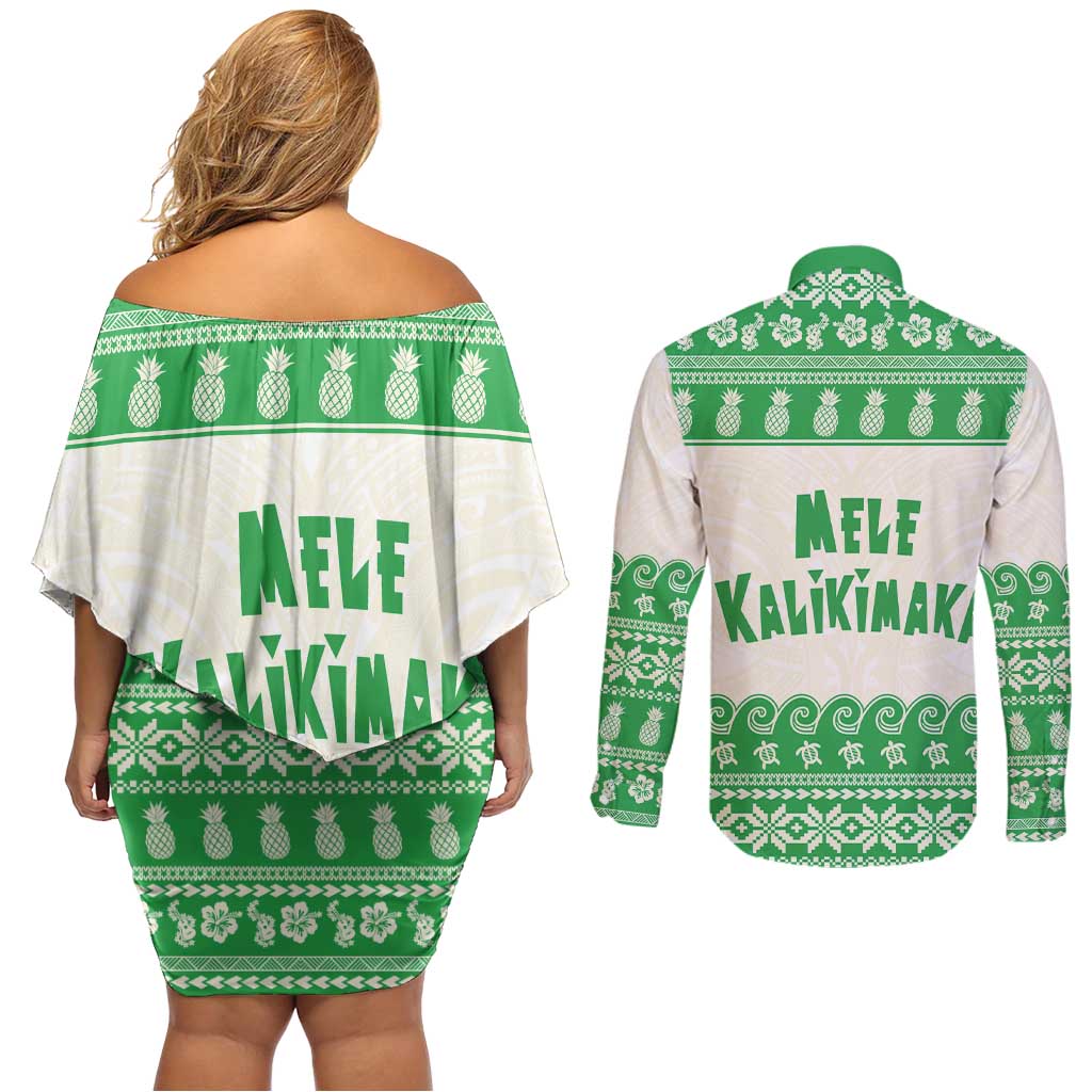 Green Mele Kalikimaka Hawaii Couples Matching Off Shoulder Short Dress and Long Sleeve Button Shirt Funny Ho Ho Ho Santa Shaka LT14 - Polynesian Pride