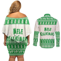 Green Mele Kalikimaka Hawaii Couples Matching Off Shoulder Short Dress and Long Sleeve Button Shirt Funny Ho Ho Ho Santa Shaka LT14 - Polynesian Pride