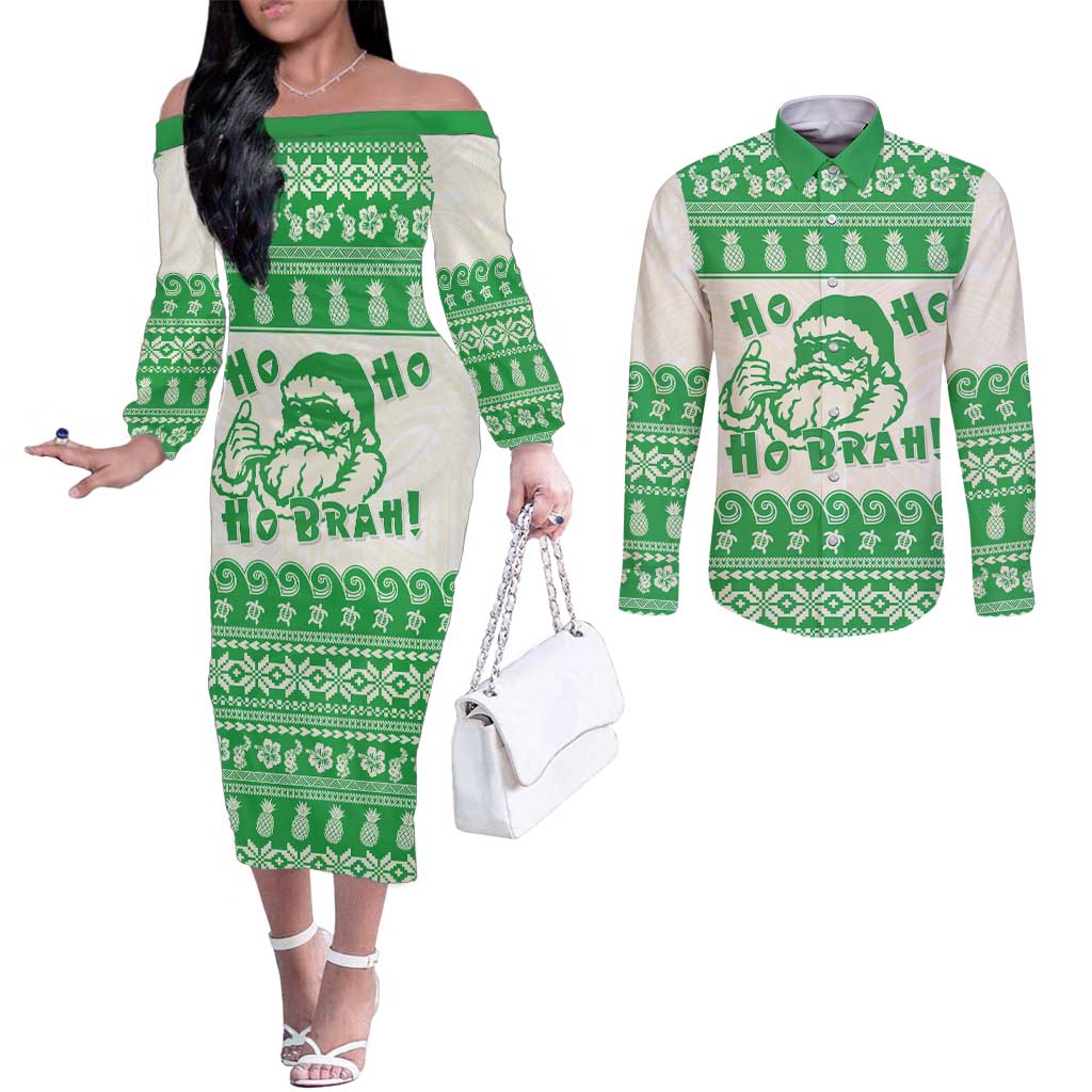 Green Mele Kalikimaka Hawaii Couples Matching Off The Shoulder Long Sleeve Dress and Long Sleeve Button Shirt Funny Ho Ho Ho Santa Shaka - Polynesian Pride