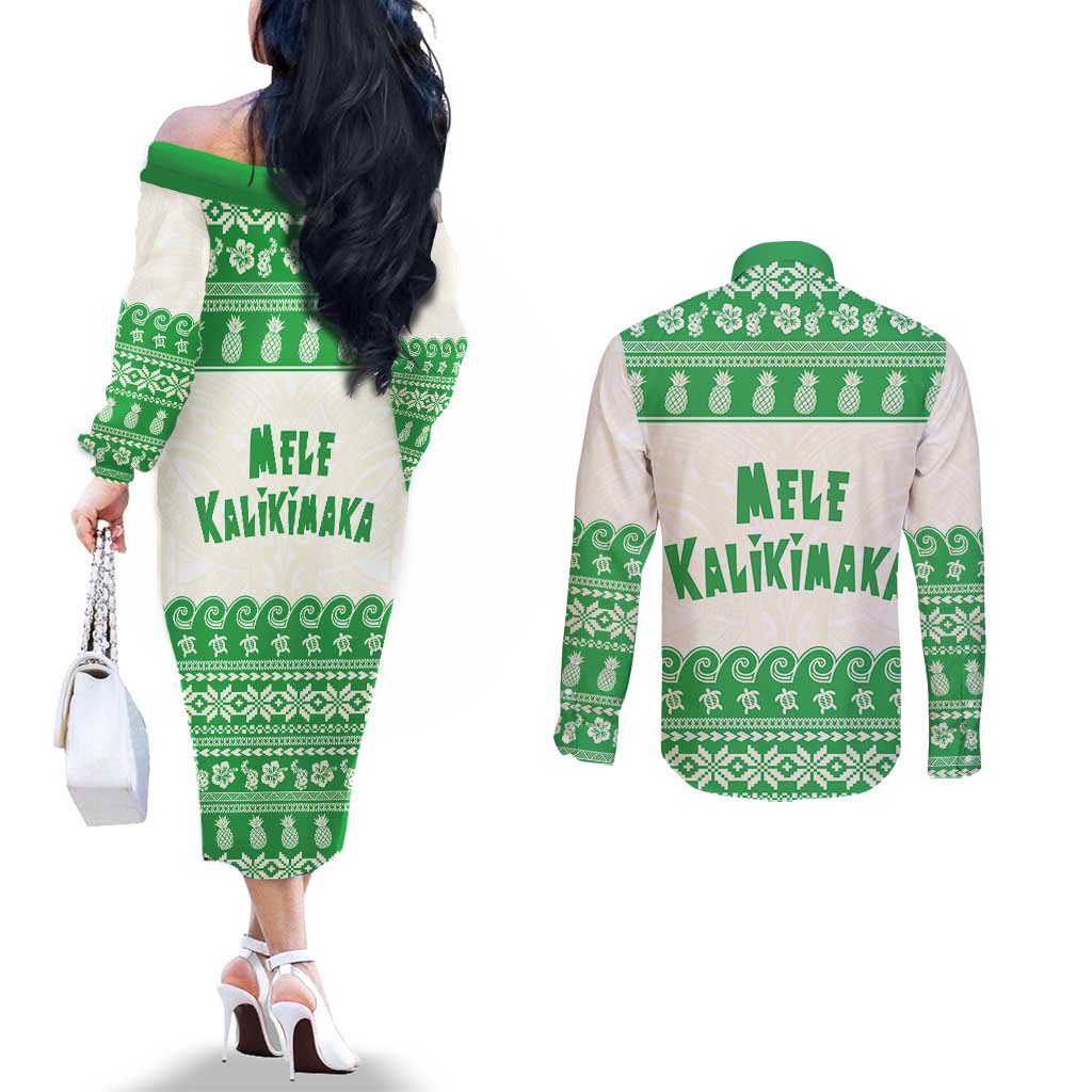 Green Mele Kalikimaka Hawaii Couples Matching Off The Shoulder Long Sleeve Dress and Long Sleeve Button Shirt Funny Ho Ho Ho Santa Shaka LT14 - Polynesian Pride