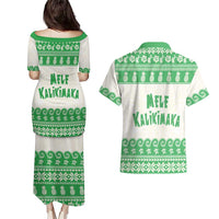 Green Mele Kalikimaka Hawaii Couples Matching Puletasi and Hawaiian Shirt Funny Ho Ho Ho Santa Shaka LT14 - Polynesian Pride