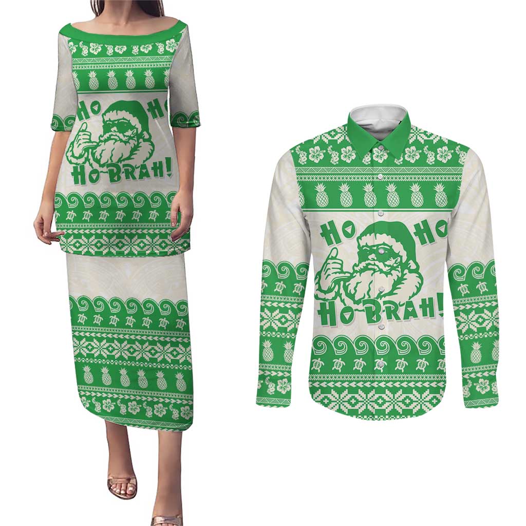 Green Mele Kalikimaka Hawaii Couples Matching Puletasi and Long Sleeve Button Shirt Funny Ho Ho Ho Santa Shaka - Polynesian Pride