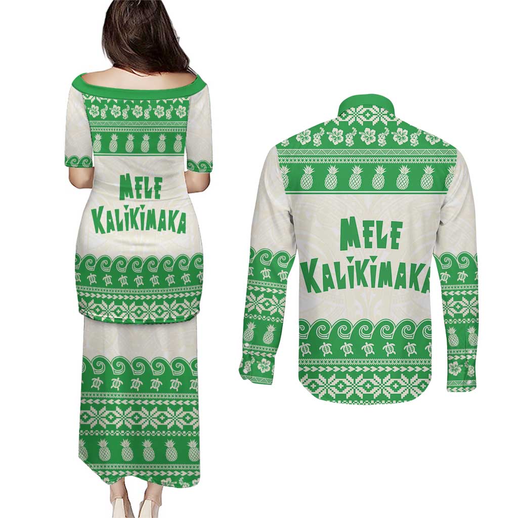 Green Mele Kalikimaka Hawaii Couples Matching Puletasi and Long Sleeve Button Shirt Funny Ho Ho Ho Santa Shaka - Polynesian Pride