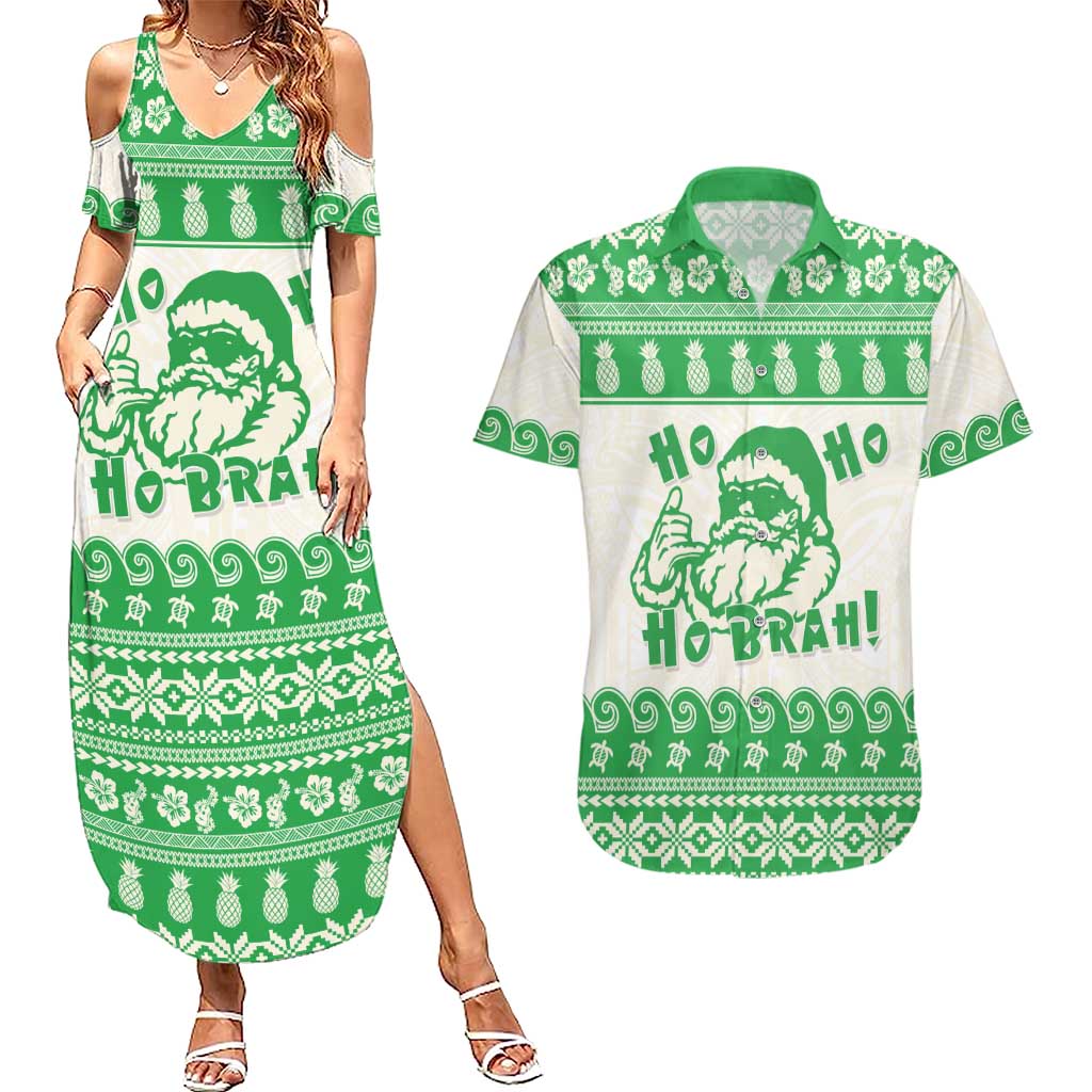 Green Mele Kalikimaka Hawaii Couples Matching Summer Maxi Dress and Hawaiian Shirt Funny Ho Ho Ho Santa Shaka LT14 Green - Polynesian Pride