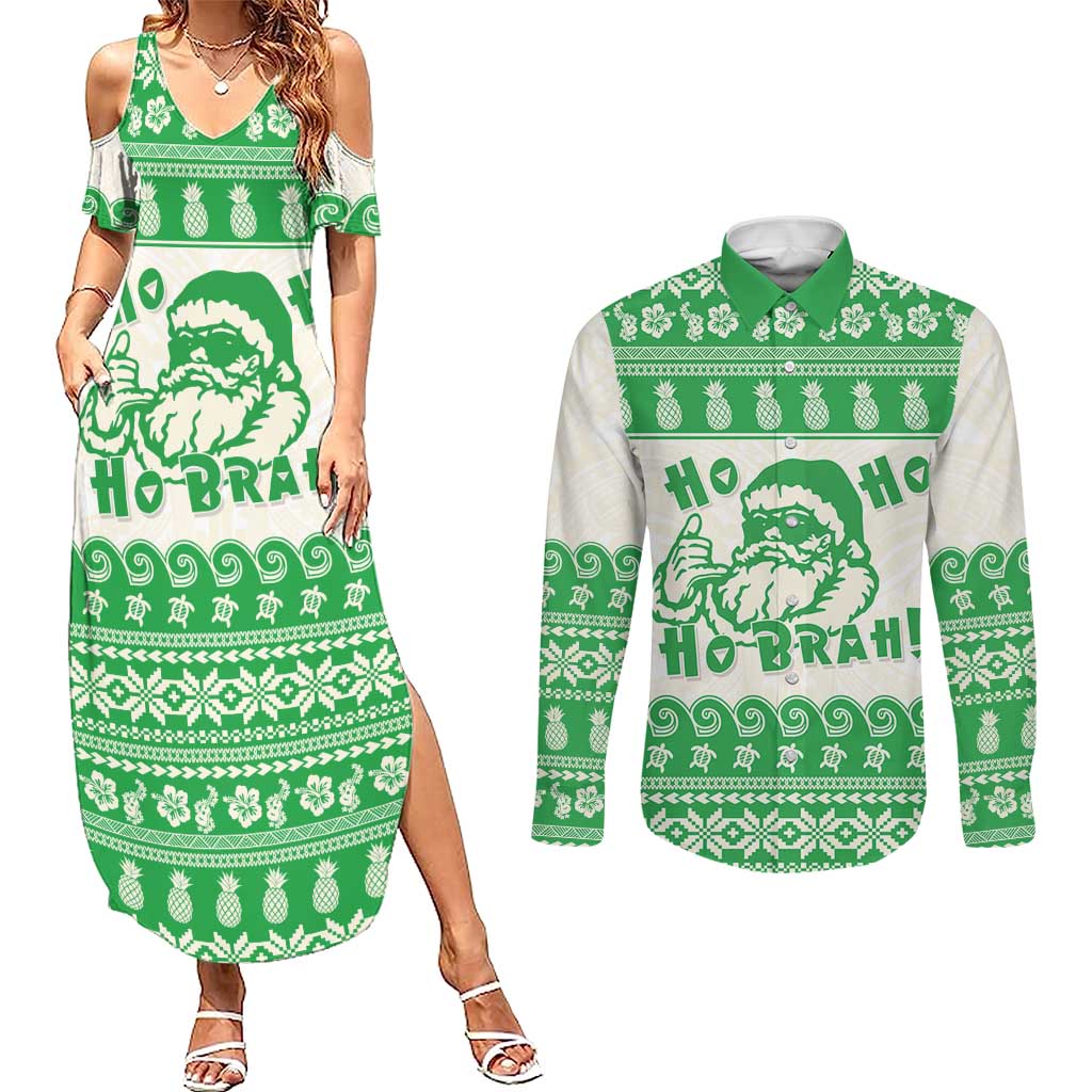 Green Mele Kalikimaka Hawaii Couples Matching Summer Maxi Dress and Long Sleeve Button Shirt Funny Ho Ho Ho Santa Shaka - Polynesian Pride