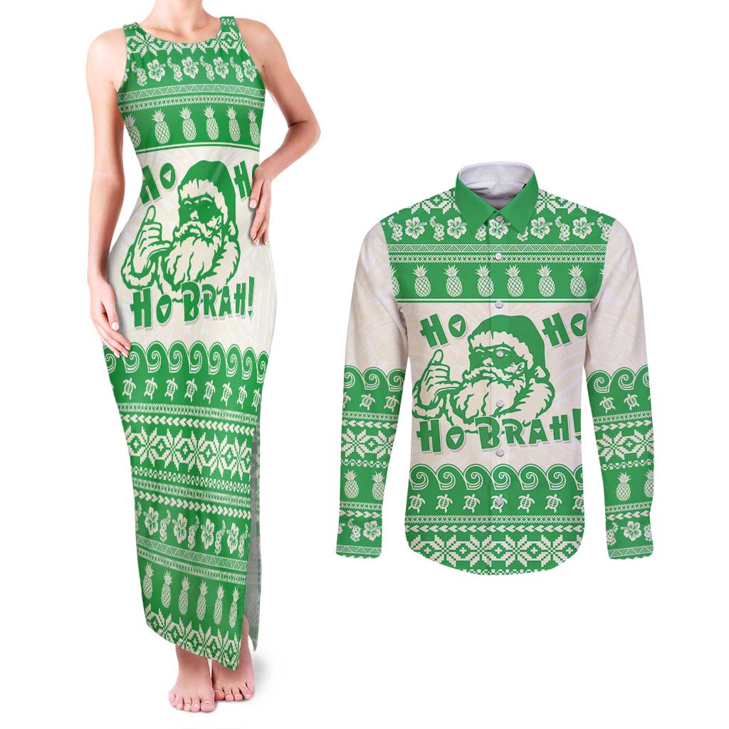 Green Mele Kalikimaka Hawaii Couples Matching Tank Maxi Dress and Long Sleeve Button Shirt Funny Ho Ho Ho Santa Shaka LT14 Green - Polynesian Pride