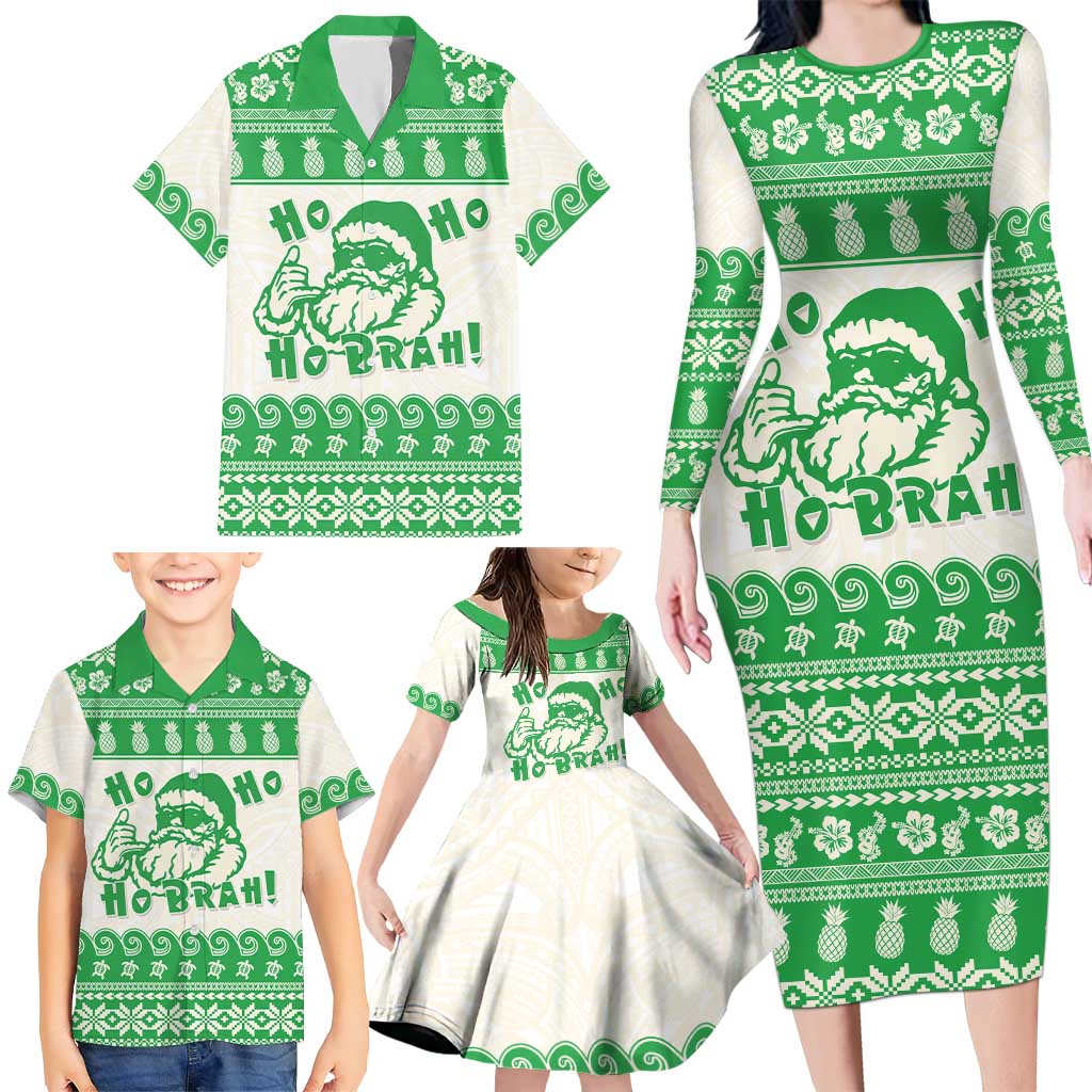 Green Mele Kalikimaka Hawaii Family Matching Long Sleeve Bodycon Dress and Hawaiian Shirt Funny Ho Ho Ho Santa Shaka LT14 - Polynesian Pride