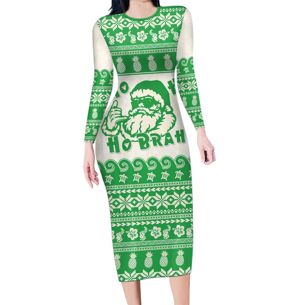 Green Mele Kalikimaka Hawaii Family Matching Long Sleeve Bodycon Dress and Hawaiian Shirt Funny Ho Ho Ho Santa Shaka LT14 Mom's Dress Green - Polynesian Pride