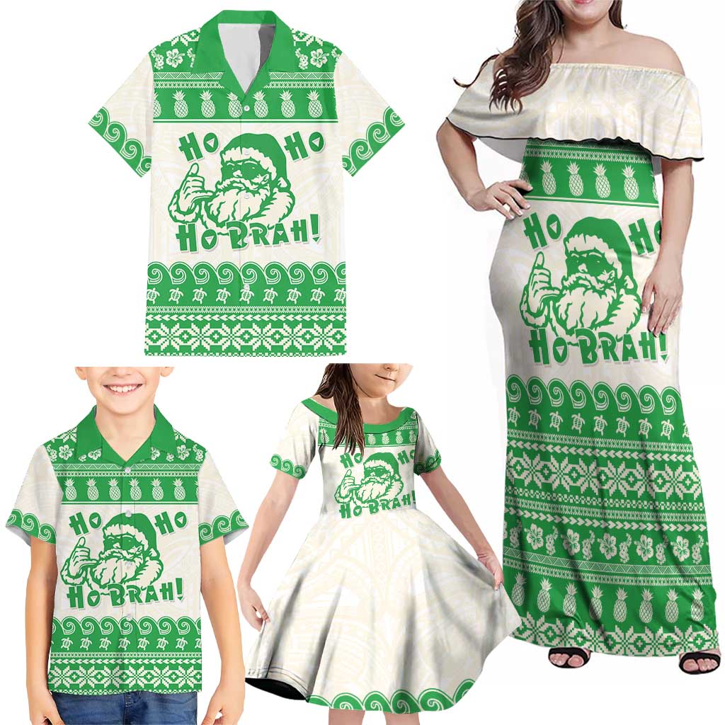 Green Mele Kalikimaka Hawaii Family Matching Off Shoulder Maxi Dress and Hawaiian Shirt Funny Ho Ho Ho Santa Shaka LT14 - Polynesian Pride