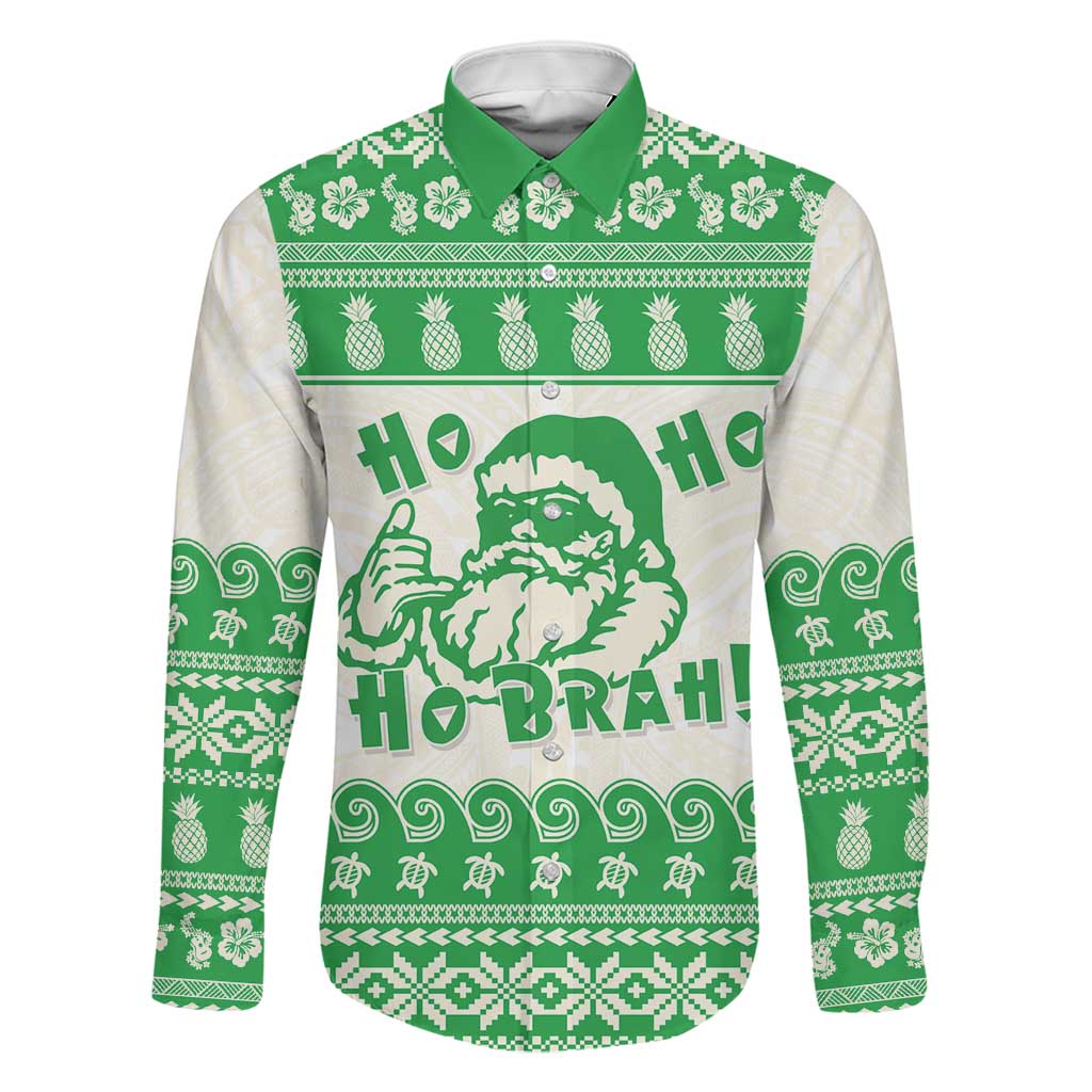 Green Mele Kalikimaka Hawaii Family Matching Off Shoulder Maxi Dress and Hawaiian Shirt Funny Ho Ho Ho Santa Shaka LT14 Dad's Shirt - Long Sleeve Green - Polynesian Pride