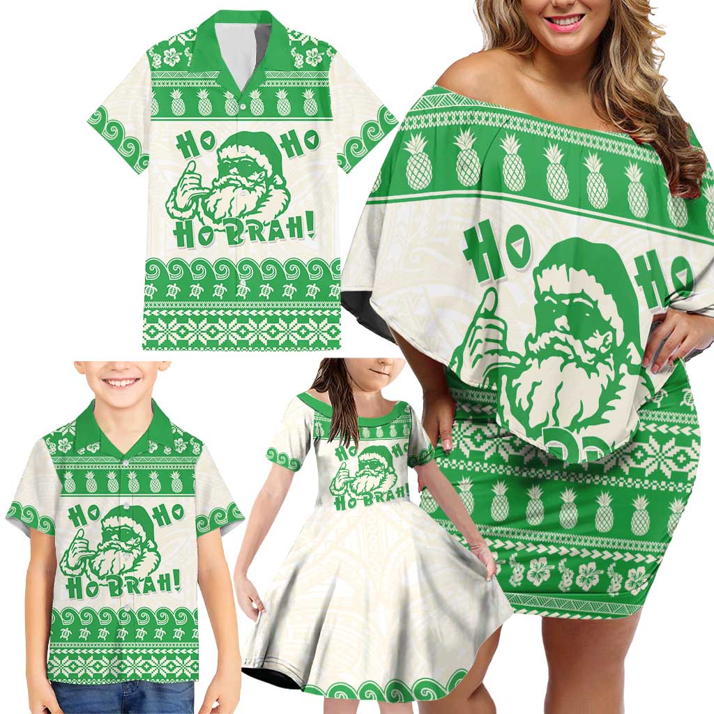 Green Mele Kalikimaka Hawaii Family Matching Off Shoulder Short Dress and Hawaiian Shirt Funny Ho Ho Ho Santa Shaka - Polynesian Pride
