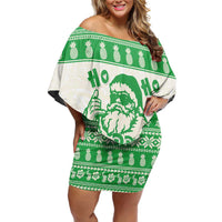 Green Mele Kalikimaka Hawaii Family Matching Off Shoulder Short Dress and Hawaiian Shirt Funny Ho Ho Ho Santa Shaka LT14 Mom's Dress Green - Polynesian Pride
