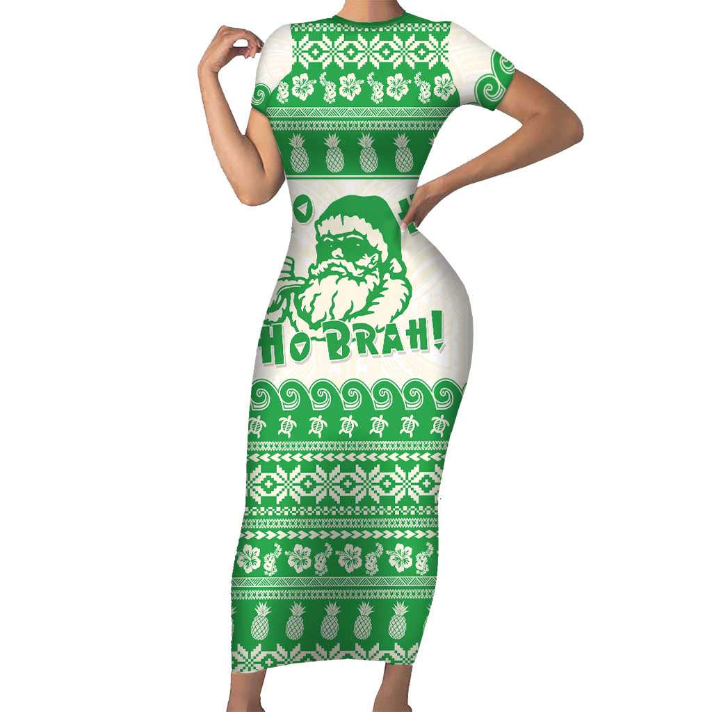 Green Mele Kalikimaka Hawaii Family Matching Short Sleeve Bodycon Dress and Hawaiian Shirt Funny Ho Ho Ho Santa Shaka LT14 Mom's Dress Green - Polynesian Pride
