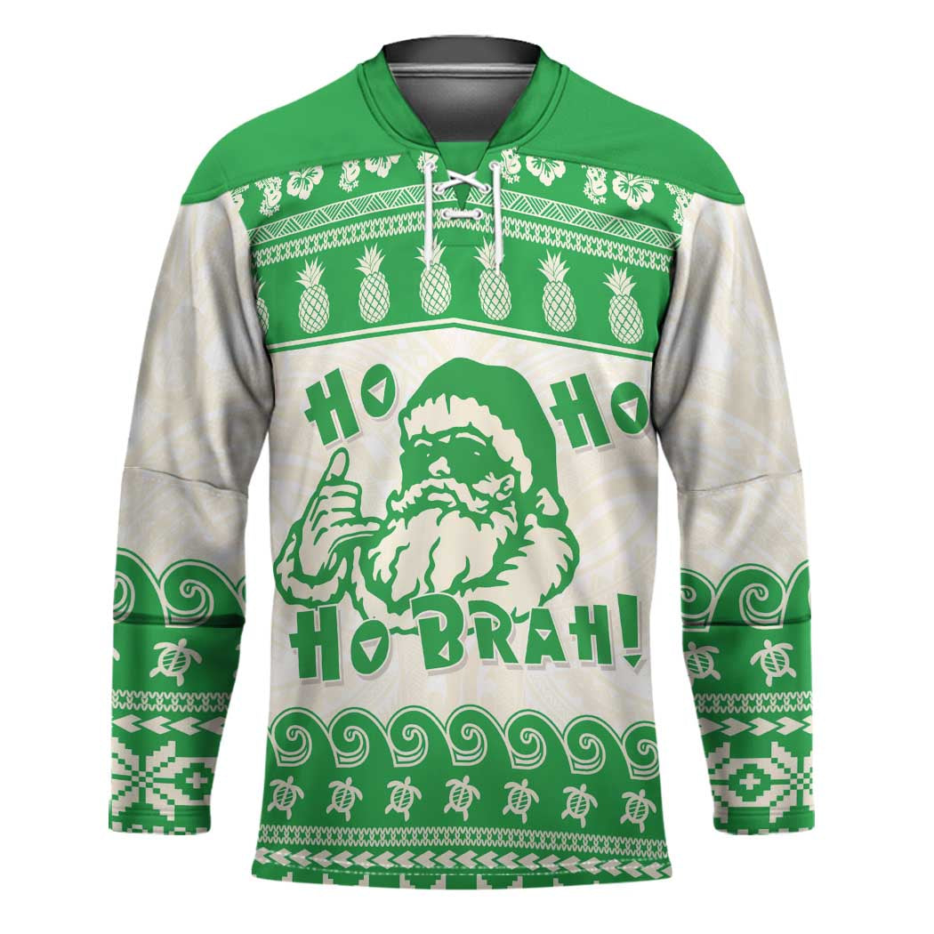 Green Mele Kalikimaka Hawaii Hockey Jersey Funny Ho Ho Ho Santa Shaka - Polynesian Pride