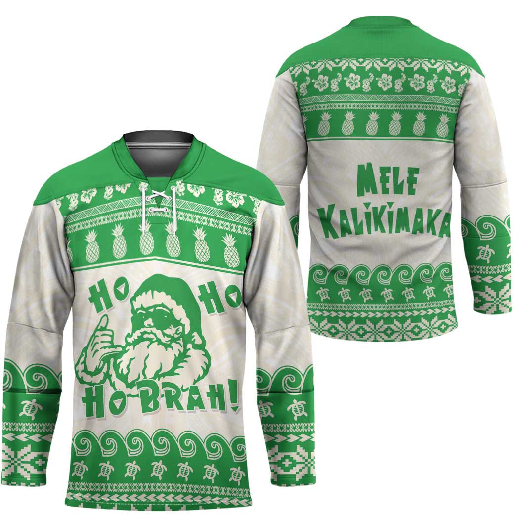 Green Mele Kalikimaka Hawaii Hockey Jersey Funny Ho Ho Ho Santa Shaka - Polynesian Pride