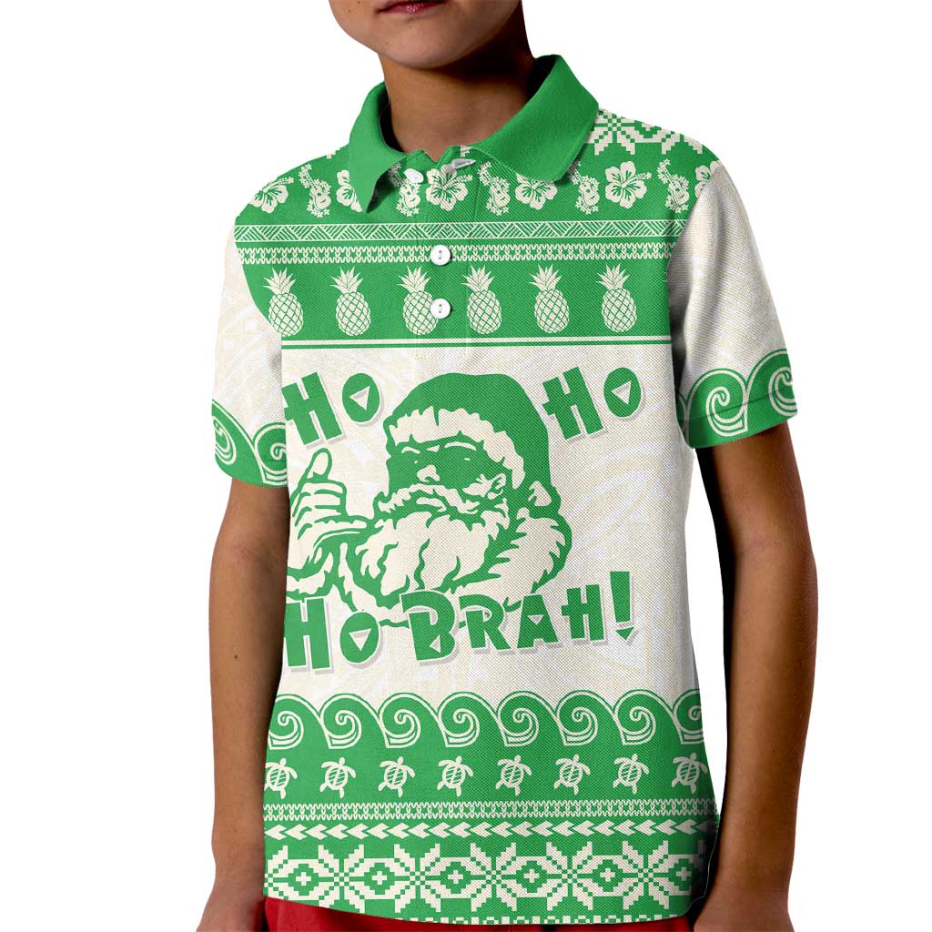 Green Mele Kalikimaka Hawaii Kid Polo Shirt Funny Ho Ho Ho Santa Shaka - Polynesian Pride