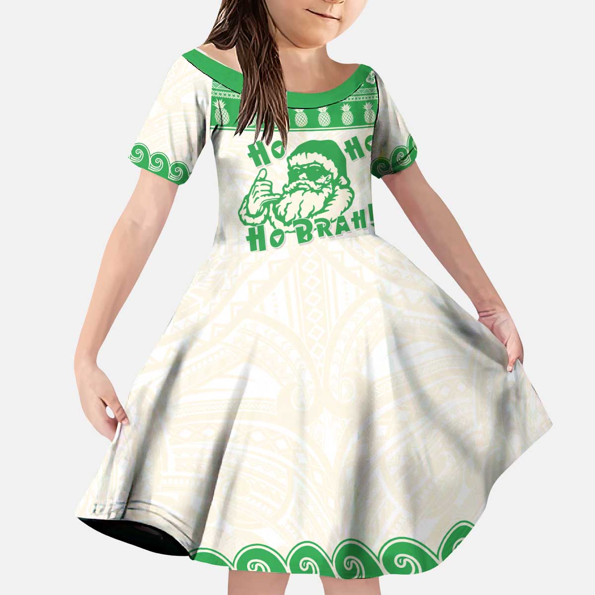 Green Mele Kalikimaka Hawaii Kid Short Sleeve Dress Funny Ho Ho Ho Santa Shaka - Polynesian Pride