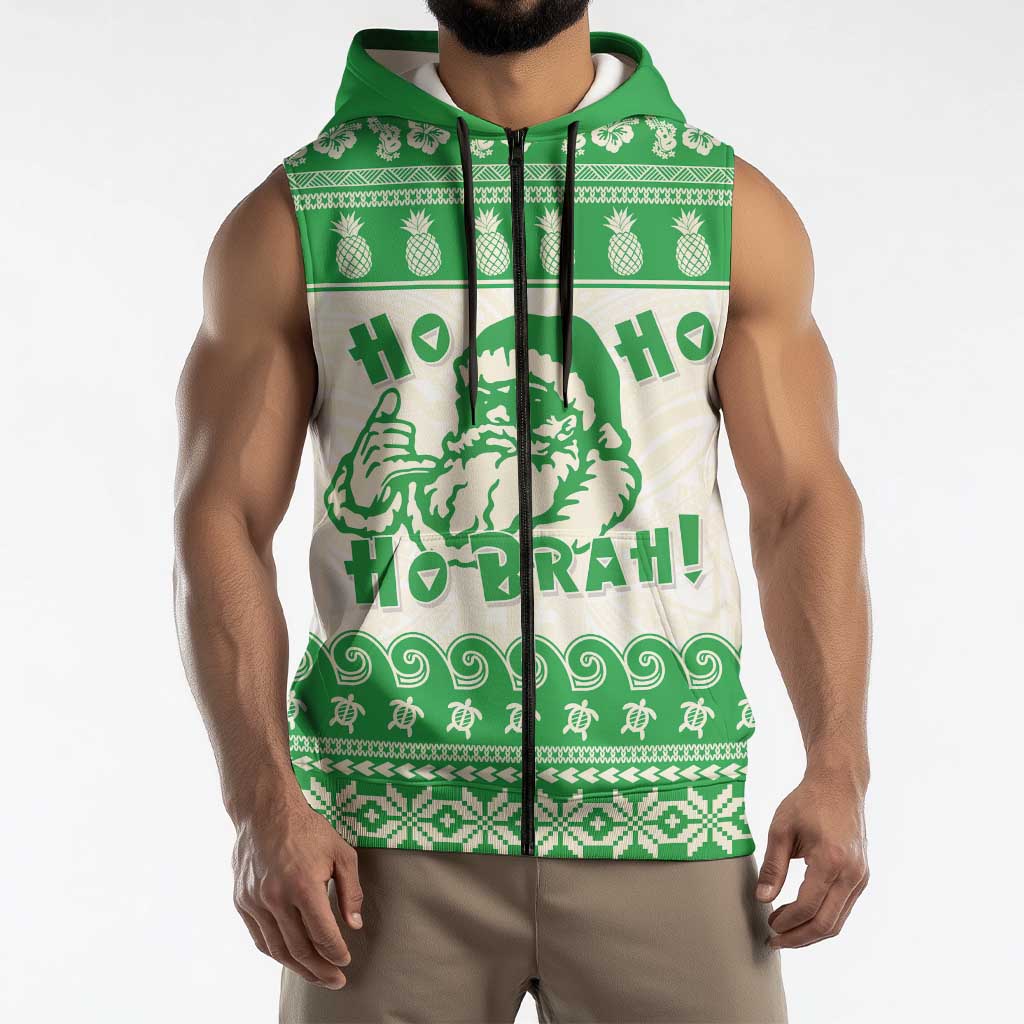 Green Mele Kalikimaka Hawaii Sleeveless Zip Hoodie Funny Ho Ho Ho Santa Shaka - Polynesian Pride
