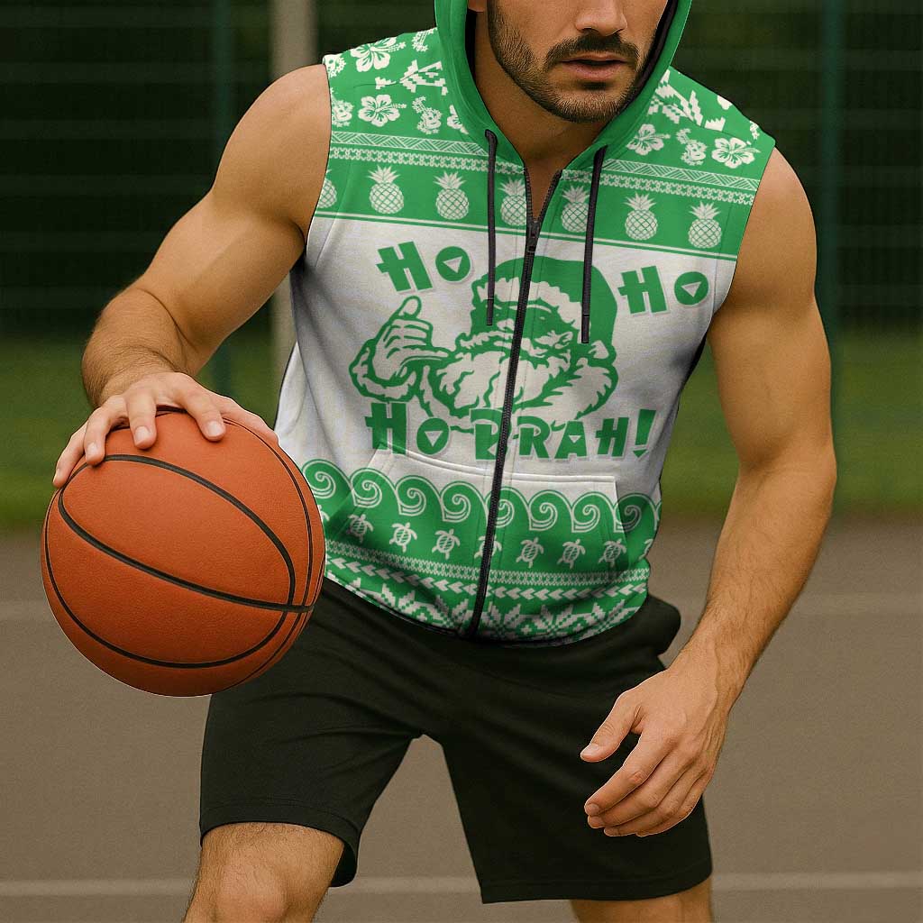 Green Mele Kalikimaka Hawaii Sleeveless Zip Hoodie Funny Ho Ho Ho Santa Shaka - Polynesian Pride